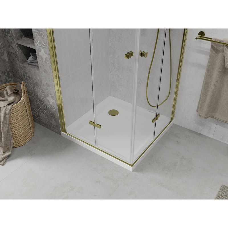 Mexen Lima Duo faltbare Duschkabine 100 x 100 cm, transparent, gold + Flat Duschwanne - 856-100-100-50-02-4010G