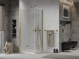 Mexen Lima Duo faltbare Duschkabine 100 x 100 cm, transparent, gold + Flat Duschwanne - 856-100-100-50-02-4010G