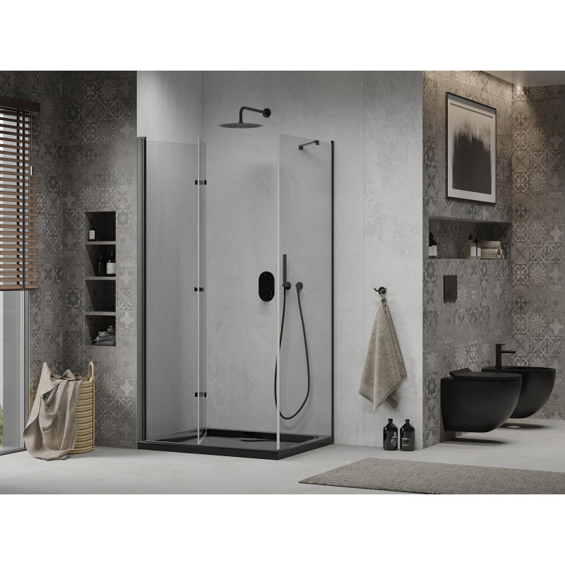 Mexen Lima faltbare Duschkabine 90 x 100 cm, transparent, schwarz + Duschwanne Flat, schwarz - 856-090-100-70-00-4070B