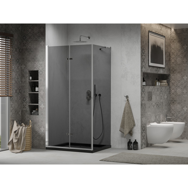 Mexen Lima Faltbare Duschkabine 100 x 80 cm, Graphit, Chrom + Flat Duschwanne, Schwarz - 856-100-080-01-40-4070