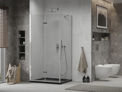 Mexen Lima faltbare Duschkabine 90 x 120 cm, transparent, Chrom + Duschwanne Flat, schwarz - 856-090-120-01-00-4070