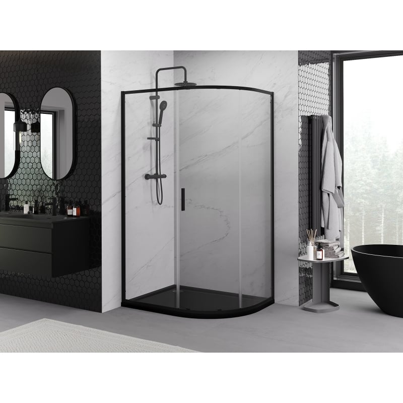 Mexen Exo halbrunde asymmetrische Schiebeduschkabine 90 x 80 cm, transparent, schwarz - 8131-090-080-70-00