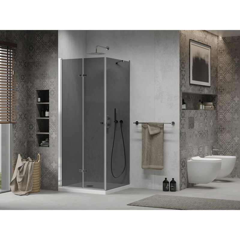 Mexen Lima faltbare Duschkabine 90 x 90 cm, Grafit, Chrom + Duschwanne Flat, Weiß - 856-090-090-01-40-4010