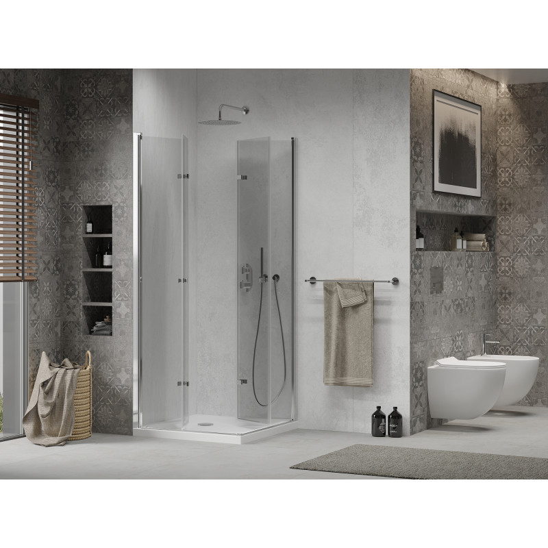 Mexen Lima Duo faltbare Duschkabine 90 x 90 cm, transparent, Chrom + Flat Duschwanne - 856-090-090-01-02-4010