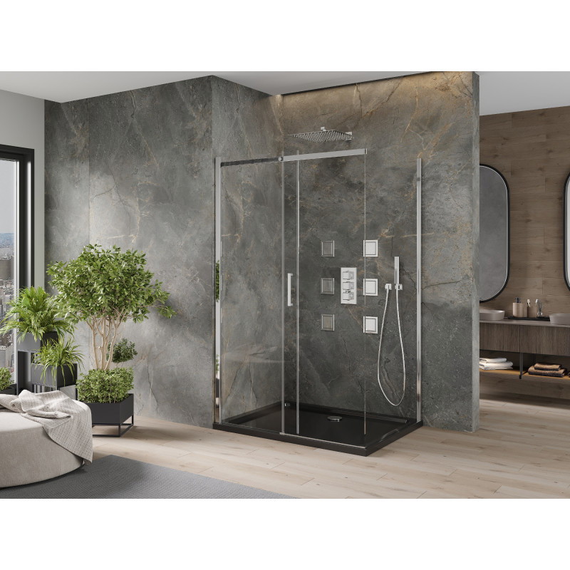 Mexen Omega verschiebbare Duschkabine 100 x 80 cm, transparent, chrom + Flat Duschwanne, schwarz - 825-100-080-01-00-4070