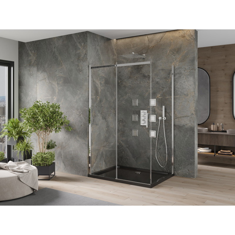 Mexen Omega verschiebbare Duschkabine 100 x 80 cm, transparent, chrom + Flat Duschwanne, schwarz - 825-100-080-01-00-4070