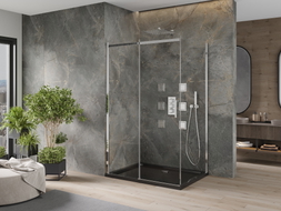 Mexen Omega verschiebbare Duschkabine 100 x 80 cm, transparent, chrom + Flat Duschwanne, schwarz - 825-100-080-01-00-4070
