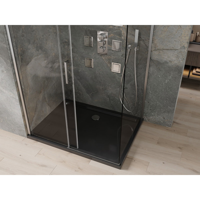 Mexen Omega Schiebeduschkabine 100 x 90 cm, transparent, Chrom + Duschwanne Flat, schwarz - 825-100-090-01-00-4070