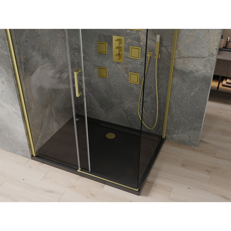 Mexen Omega Duschkabine verschiebbar 100 x 80 cm, transparent, gold + Flat Duschwanne, schwarz - 825-100-080-50-00-4070G