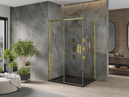 Mexen Omega Duschkabine verschiebbar 100 x 80 cm, transparent, gold + Flat Duschwanne, schwarz - 825-100-080-50-00-4070G