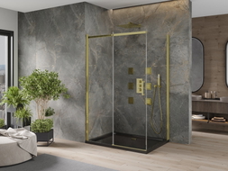 Mexen Omega Schiebedusche 100 x 90 cm, transparent, gold + Duschwanne Flat, schwarz - 825-100-090-50-00-4070G