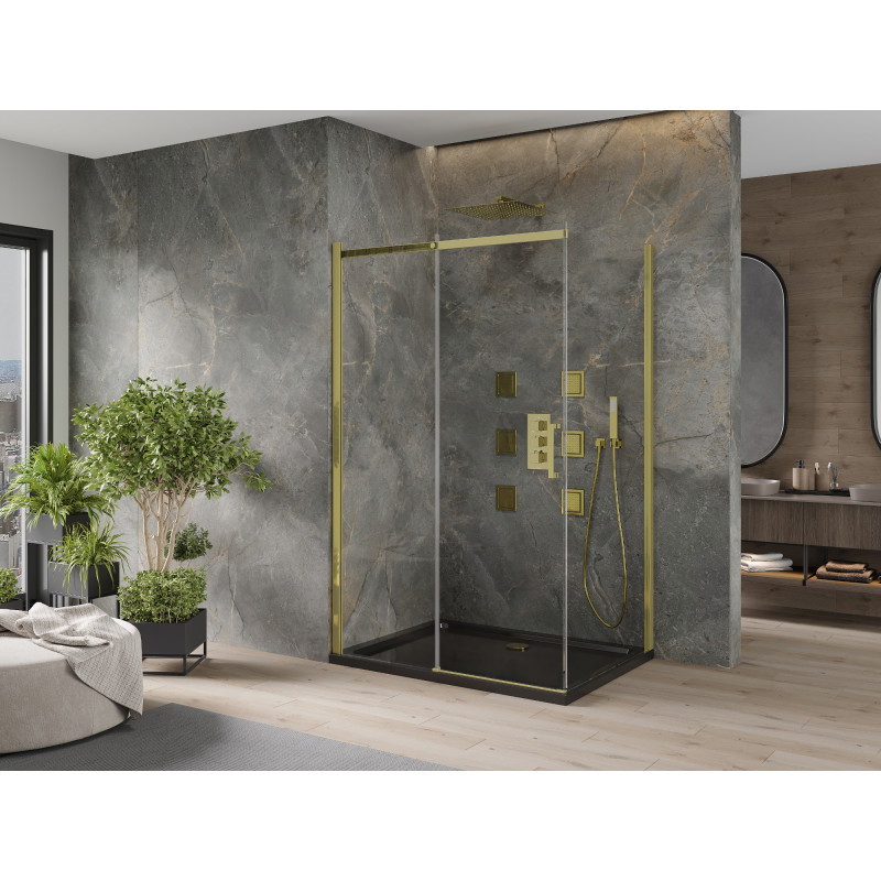 Mexen Omega Schiebetür Duschkabine 120 x 80 cm, transparent, gold + Flat Duschwanne, schwarz - 825-120-080-50-00-4070G