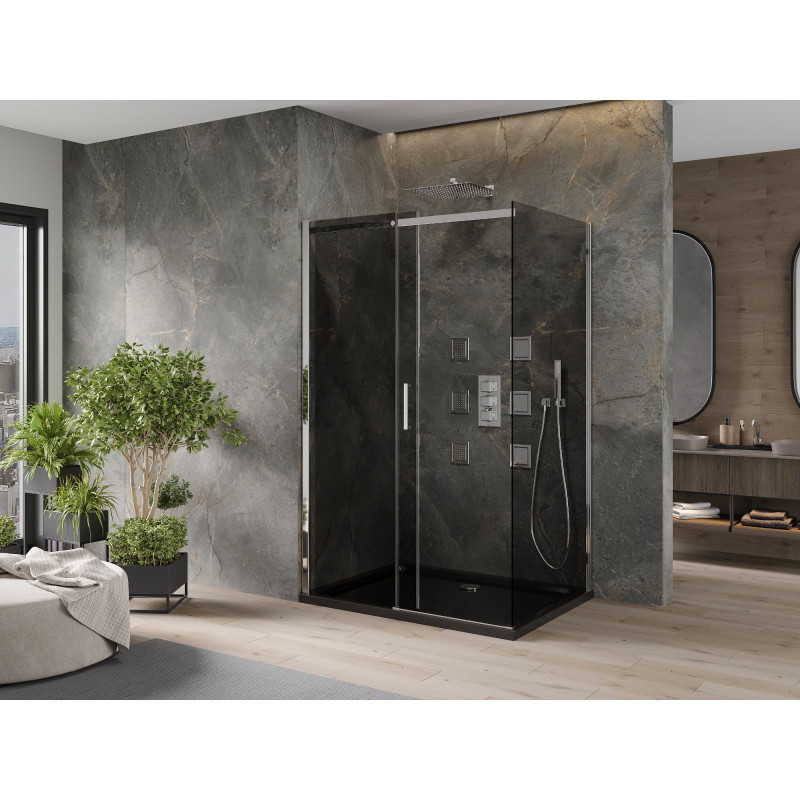 Mexen Omega Schiebeduschkabine 120 x 80 cm, Graphit, Chrom + Duschwanne Flat, Schwarz - 825-120-080-01-40-4070