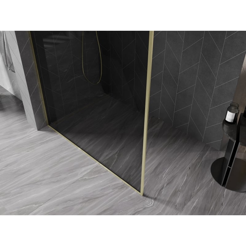 Mexen Kioto-XF Duschwand Walk-in mit Rahmen 140 x 202 cm, grafit 10 mm, gebürstetes Gold - 800-140-104-55-40-X