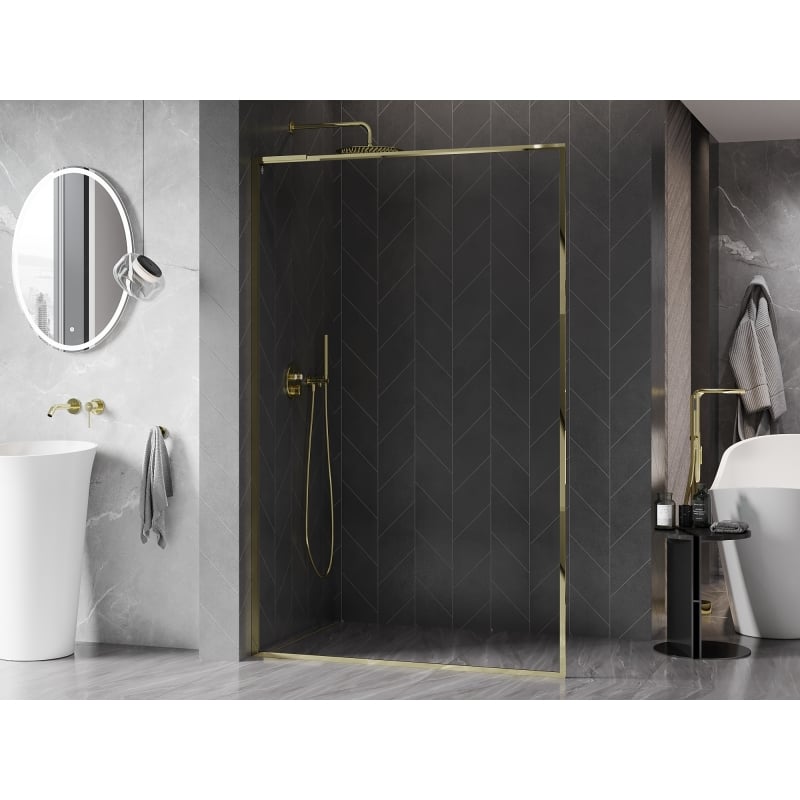 Mexen Kioto-XF L Duschwand Walk-in mit Rahmen 100 x 202 cm, transparent 10 mm, gold - 800-100-174-50-00-XF