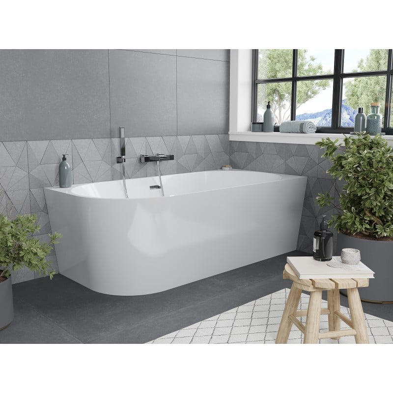 Mexen Mia freistehende Eckbadewanne rechts 140 x 75 cm, weiß, Überlauf chrom - 52691407500P-01