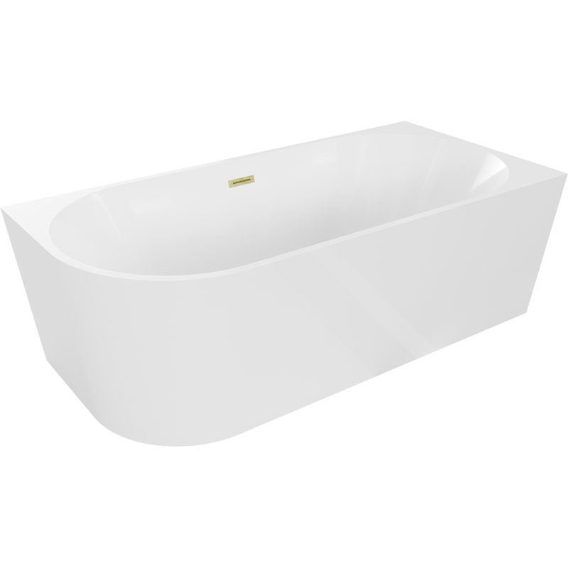 Mexen Mia freistehende Eckbadewanne rechts 140 x 75 cm, weiß, Überlauf gebürstet gold - 52691407500P-55