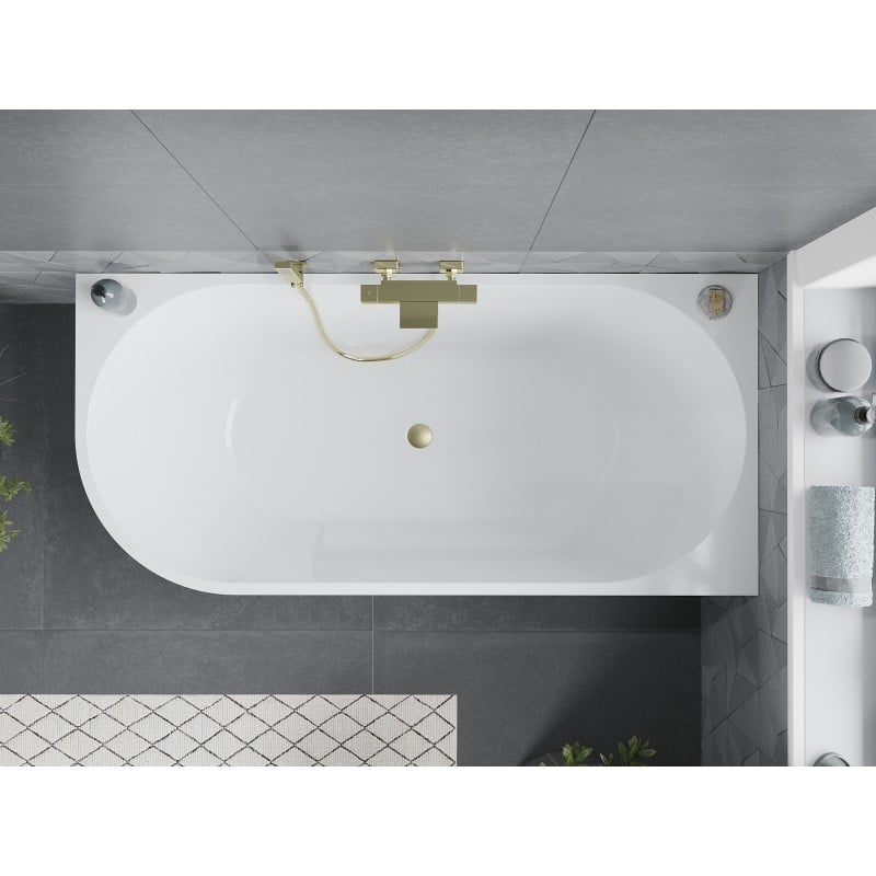 Mexen Mia freistehende Eckbadewanne rechts 140 x 75 cm, weiß, Überlauf gebürstet gold - 52691407500P-55