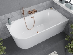 Mexen Mia freistehende Eckbadewanne rechts 140 x 75 cm, weiß, Überlauf Roségold - 52691407500P-60