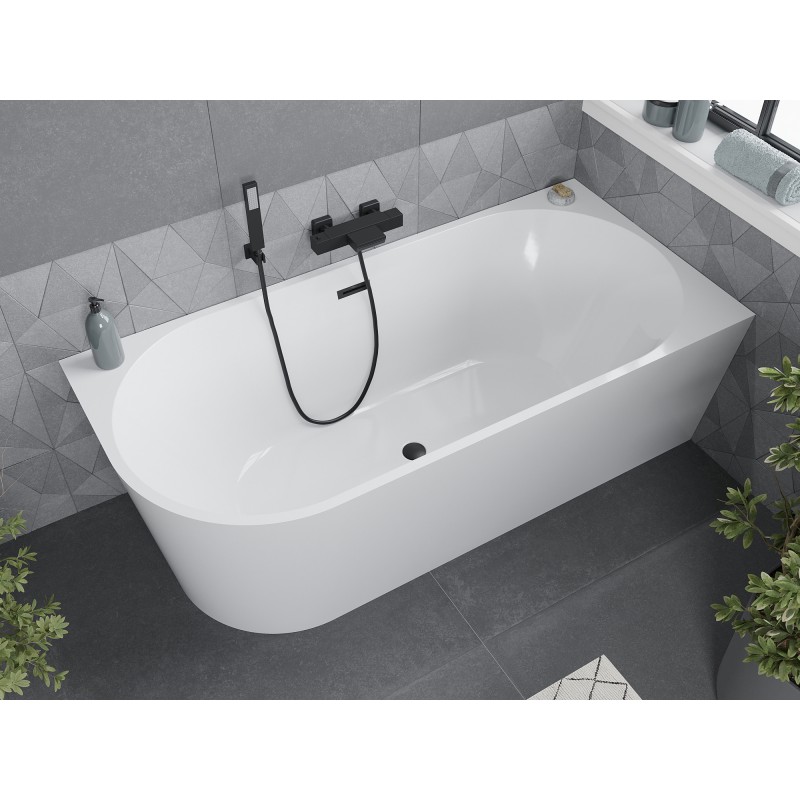 Mexen Mia freistehende Eckbadewanne rechts 140 x 75 cm, weiß, schwarzer Überlauf - 52691407500P-70