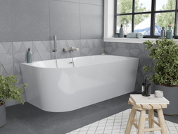 Mexen Mia freistehende Eckbadewanne rechts 140 x 75 cm, weiß, Überlauf gebürsteter Nickel - 52691407500P-97