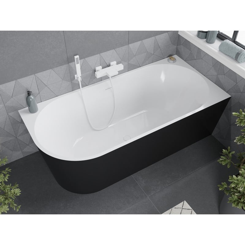 Mexen Mia freistehende Eckbadewanne rechts 140 x 75 cm, weiß/schwarz, weißer Überlauf - 52691407575P-20