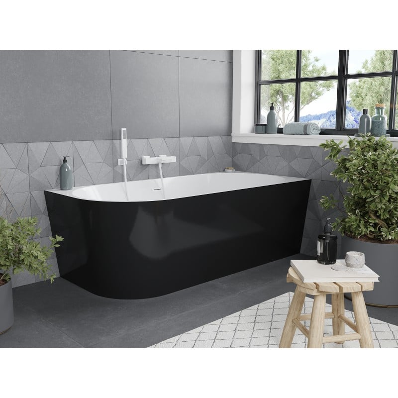 Mexen Mia freistehende Eckbadewanne rechts 140 x 75 cm, weiß/schwarz, weißer Überlauf - 52691407575P-20