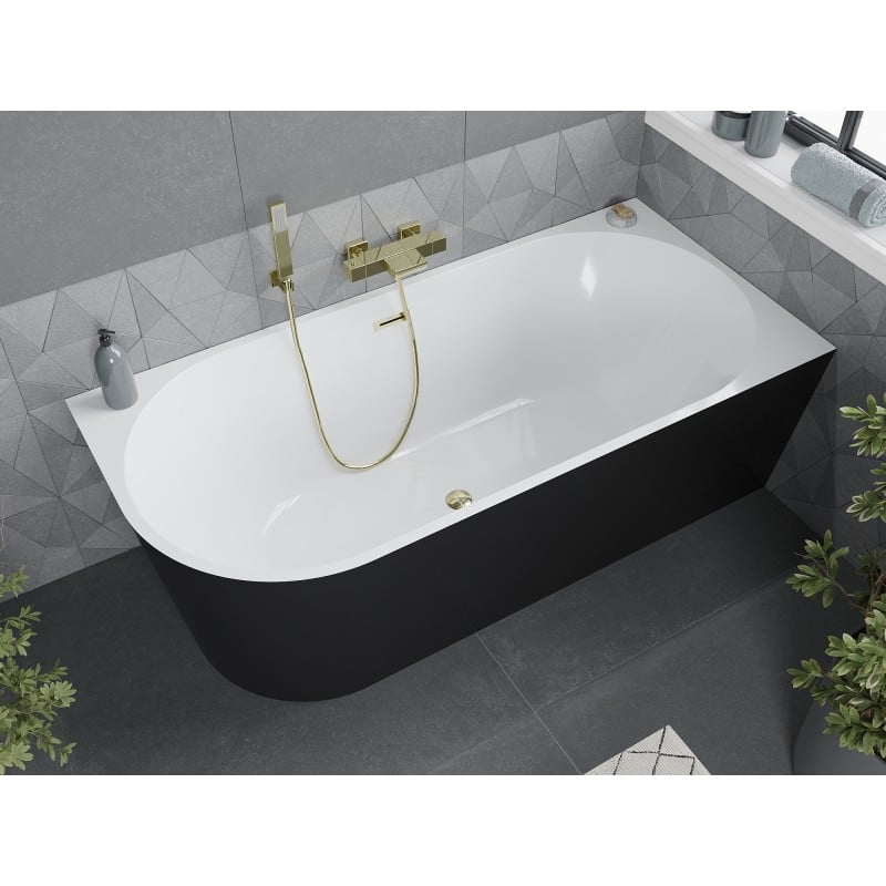 Mexen Mia freistehende Eckbadewanne rechts 140 x 75 cm, weiß/schwarz, Überlauf gold - 52691407575P-50