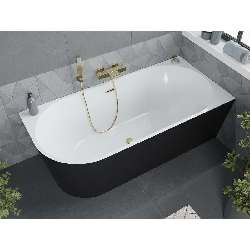 Mexen Mia freistehende Eckbadewanne rechts 140 x 75 cm, weiß/schwarz, Überlauf gold gebürstet - 52691407575P-55