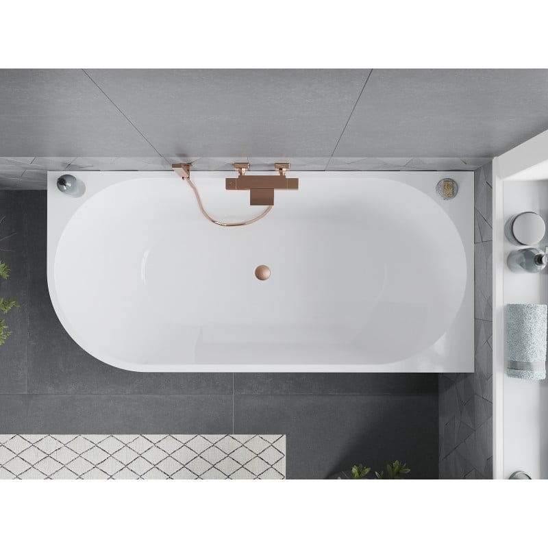 Mexen Mia freistehende Eckbadewanne rechts 140 x 75 cm, weiß/schwarz, Überlauf gebürstetes Kupfer - 52691407575P-65