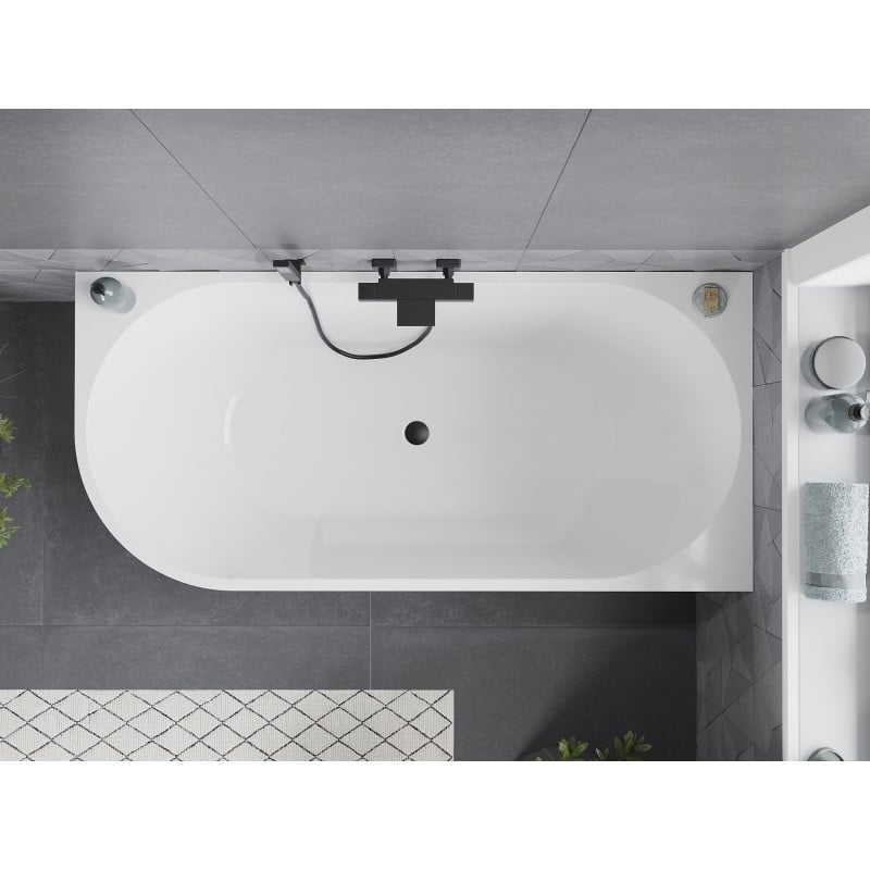 Mexen Mia freistehende Eckbadewanne rechts 140 x 75 cm, weiß/schwarz, schwarzer Überlauf - 52691407575P-70