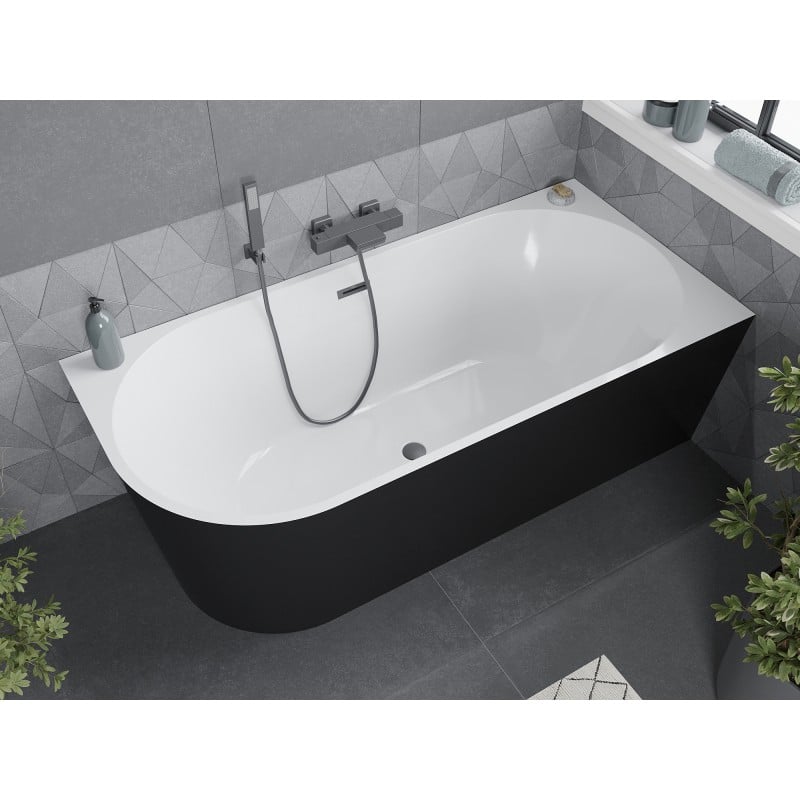 Mexen Mia freistehende rechte Eckbadewanne 140 x 75 cm, weiß/schwarz, Überlauf Gun Metal - 52691407575P-95