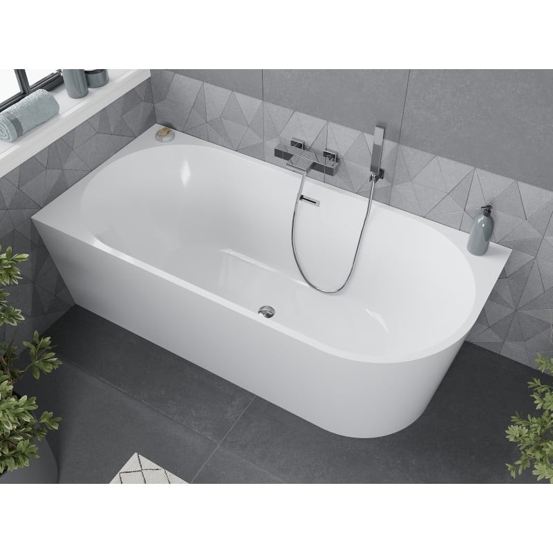 Mexen Mia freistehende Eckbadewanne links 140 x 75 cm, weiß, Überlauf chrom - 52691407500L-01