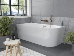 Mexen Mia freistehende Eckbadewanne links 140 x 75 cm, weiß, Überlauf Roségold - 52691407500L-60