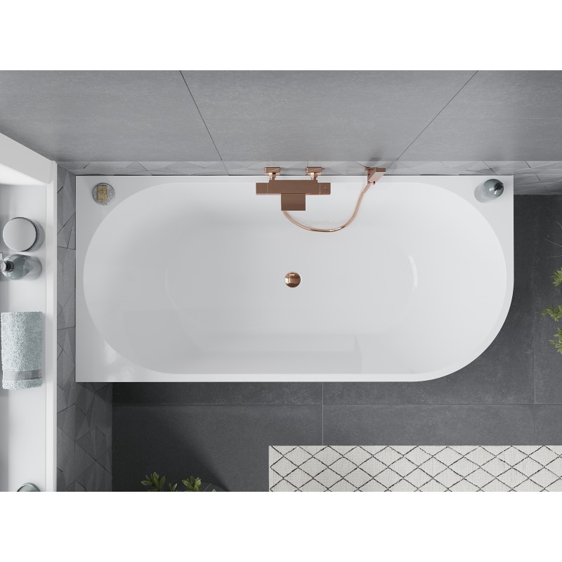 Mexen Mia freistehende Eckbadewanne links 140 x 75 cm, weiß, Überlauf Roségold - 52691407500L-60