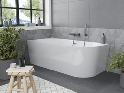 Mexen Mia freistehende Eckbadewanne links 140 x 75 cm, weiß, Überlauf gun gray gebürstet - 52691407500L-66