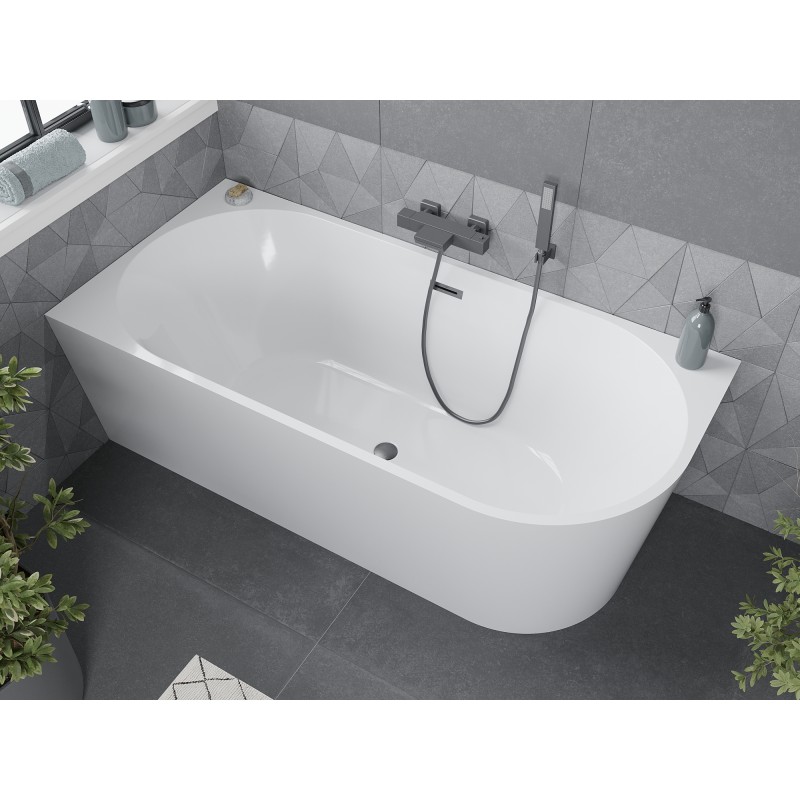 Mexen Mia freistehende Eckbadewanne links 140 x 75 cm, weiß, Überlauf gun gray gebürstet - 52691407500L-66