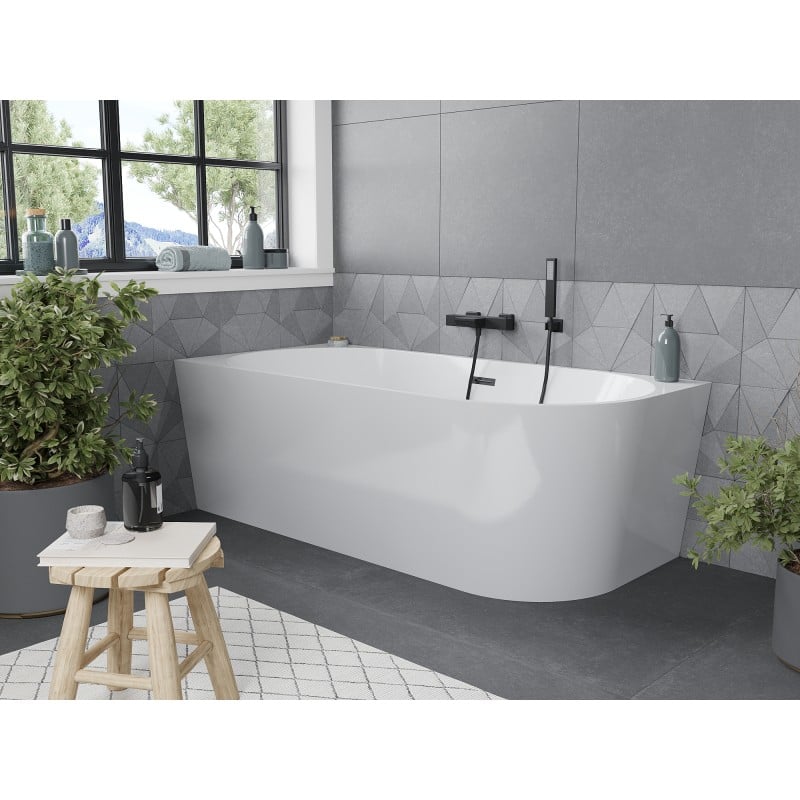 Mexen Mia freistehende Eckbadewanne links 140 x 75 cm, weiß, Überlauf schwarz - 52691407500L-70