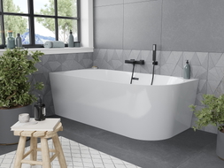 Mexen Mia freistehende Eckbadewanne links 140 x 75 cm, weiß, Überlauf schwarz - 52691407500L-70