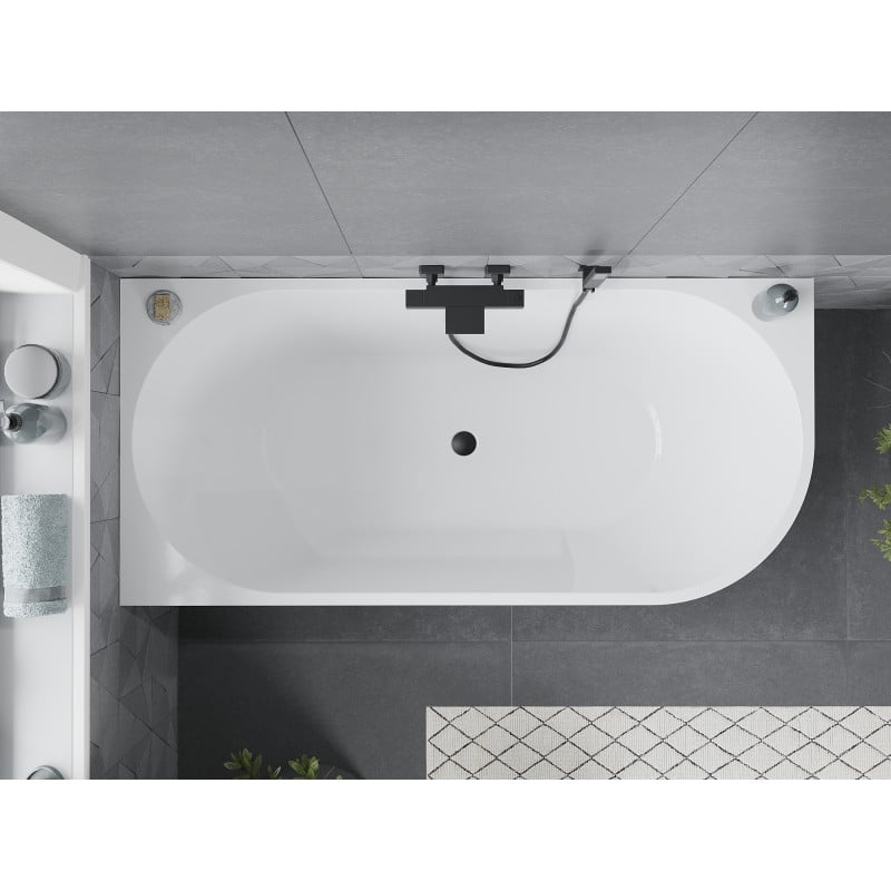 Mexen Mia freistehende Eckbadewanne links 140 x 75 cm, weiß, Überlauf schwarz - 52691407500L-70