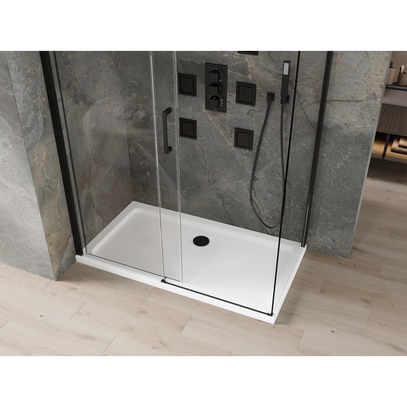 Mexen Omega Schiebetür-Duschkabine 140 x 80 cm, transparent, schwarz + Flache Duschwanne, weiß - 825-140-080-70-00-4010B