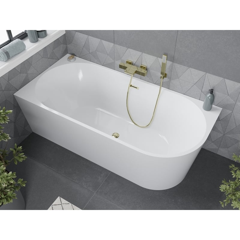 Mexen Mia freistehende Eckbadewanne links 140 x 75 cm, weiß, Überlauf gold - 52691407500L-50