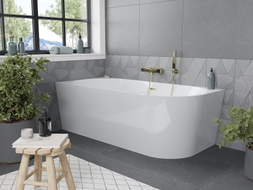 Mexen Mia freistehende Eckbadewanne links 140 x 75 cm, weiß, Überlauf gold gebürstet - 52691407500L-55
