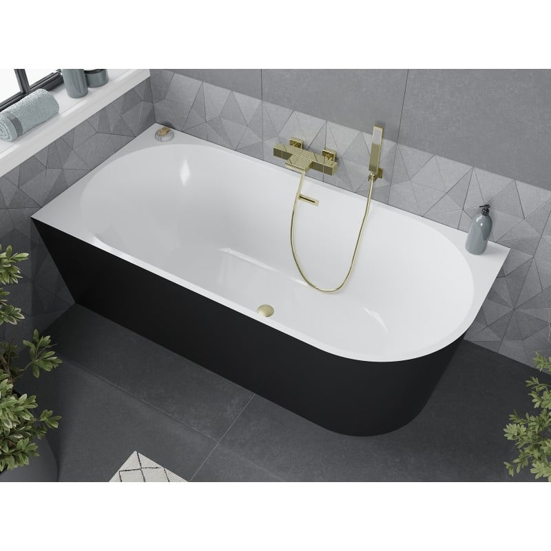 Mexen Mia freistehende Eckbadewanne links 140 x 75 cm, weiß/schwarz, Überlauf gebürstetes Gold - 52691407575L-55