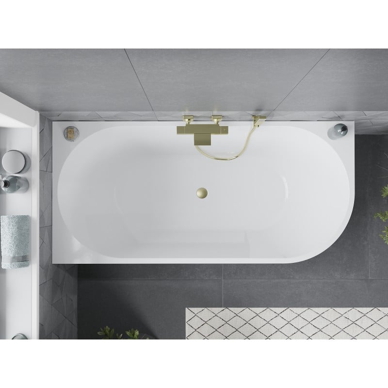 Mexen Mia freistehende Eckbadewanne links 140 x 75 cm, weiß/schwarz, Überlauf gebürstetes Gold - 52691407575L-55
