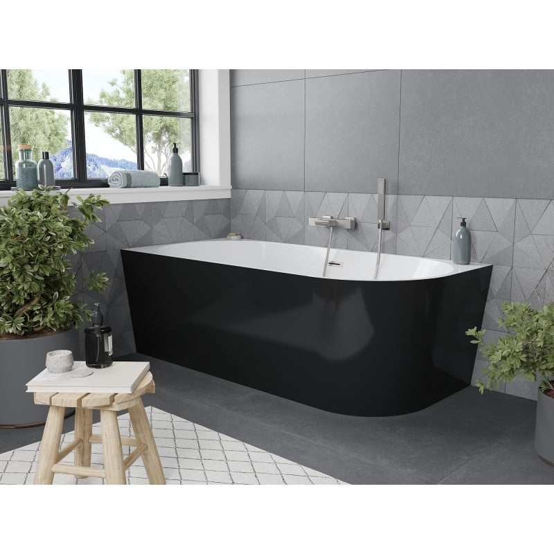 Mexen Mia freistehende Eckbadewanne links 140 x 75 cm, weiß/schwarz, Überlauf gebürsteter Nickel - 52691407575L-97