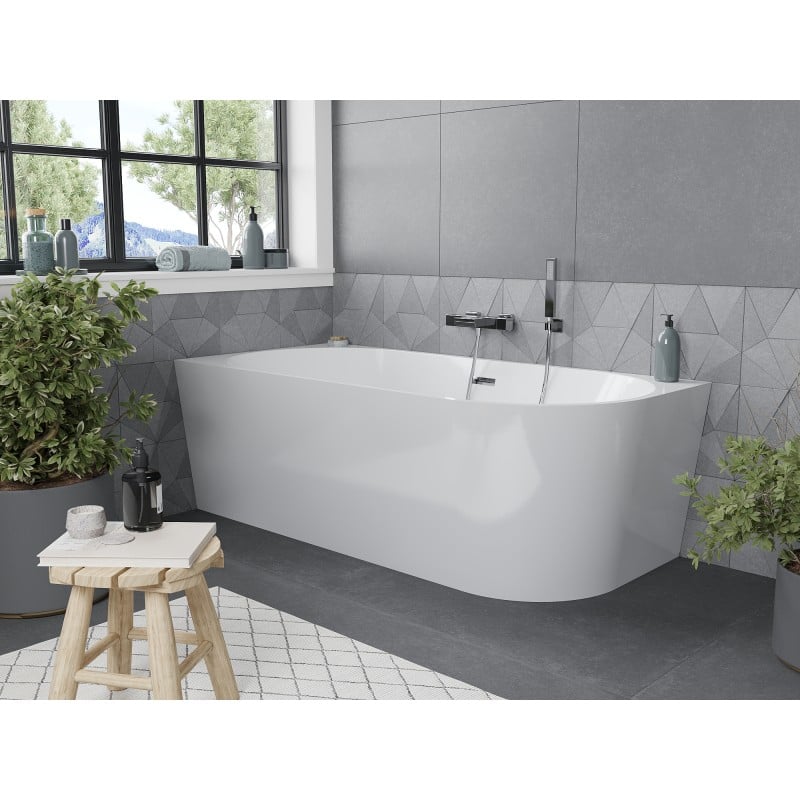 Mexen Mia freistehende Eckbadewanne links 160 x 80 cm, weiß, Überlauf Chrom - 52691608000L-01