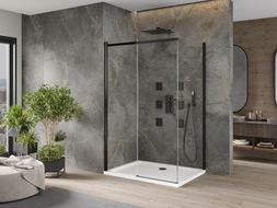 Mexen Omega Schiebedusche 140 x 90 cm, transparent, schwarz + Duschwanne Flat, weiß - 825-140-090-70-00-4010B