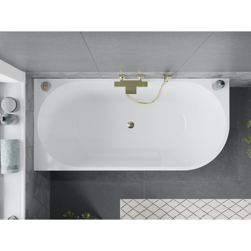 Mexen Mia freistehende Eckbadewanne links 160 x 80 cm, weiß, Überlauf gold - 52691608000L-50