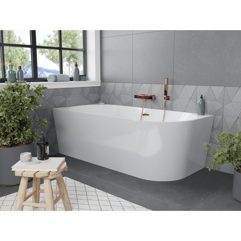Mexen Mia freistehende Eckwanne links 160 x 80 cm, weiß, Überlauf Roségold - 52691608000L-60
